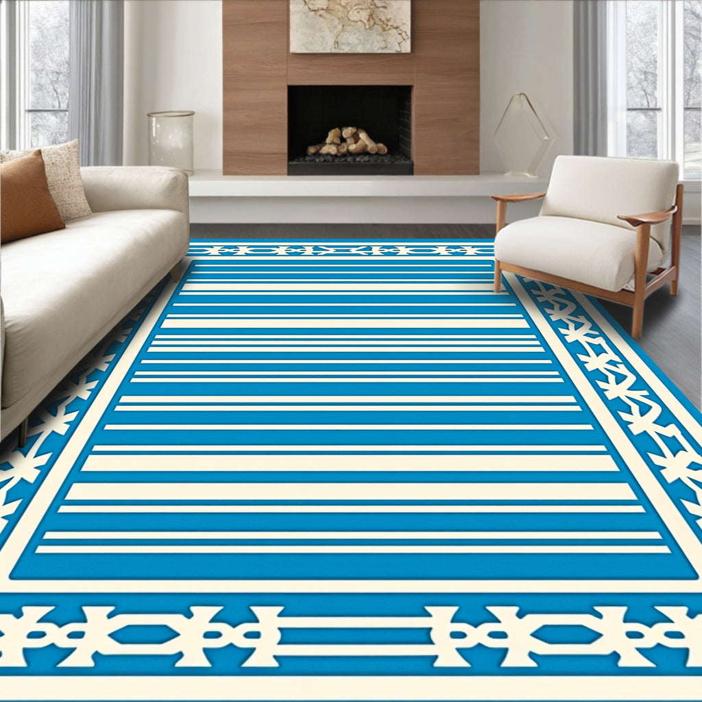 Crisp Aqua Cream Striped Geometric Border Rug
