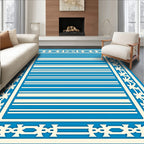 Crisp Aqua Cream Striped Geometric Border Rug