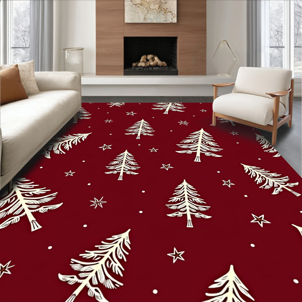 Crimson Christmas Tree Star Sprinkled Rug
