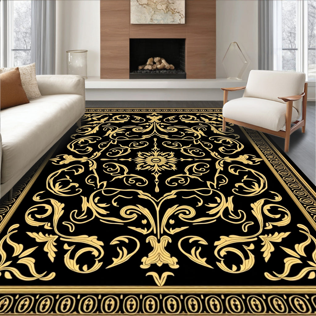 Golden Black Baroque Scroll Rug