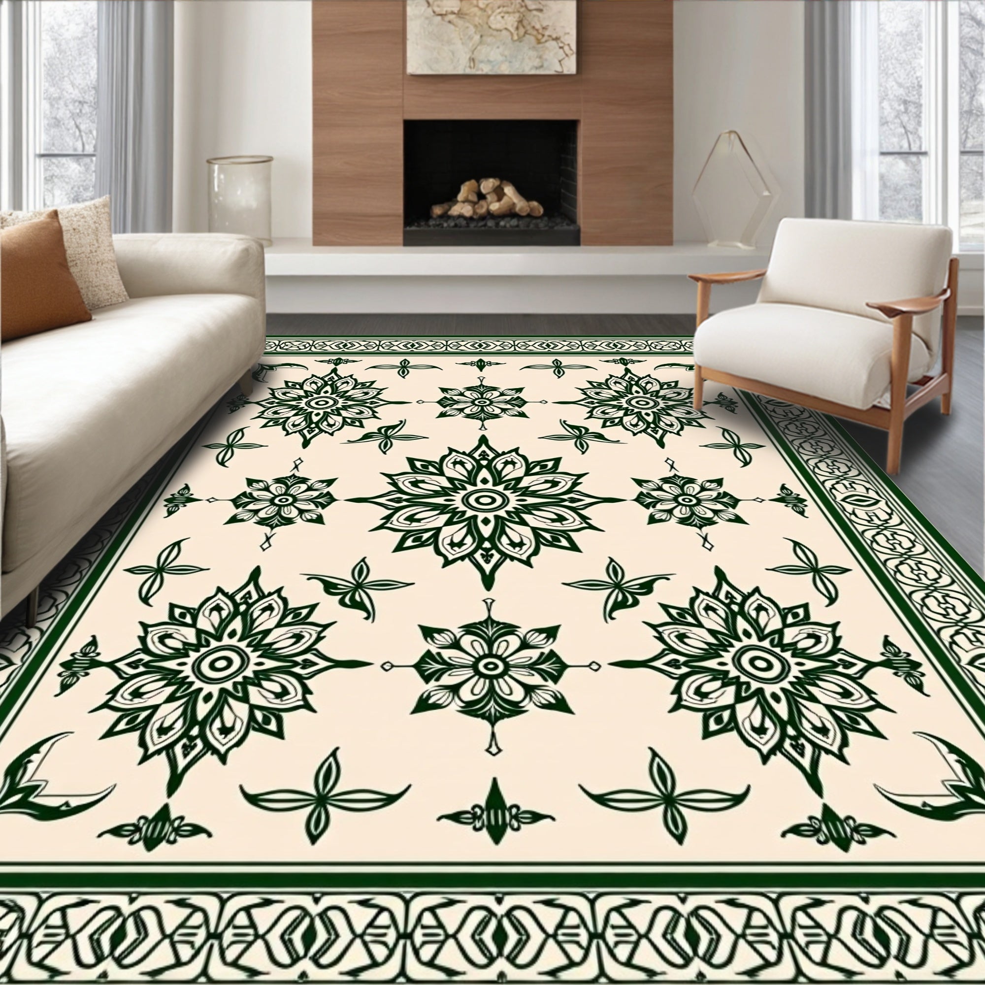 Emerald Green Floral Motif Area Rug
