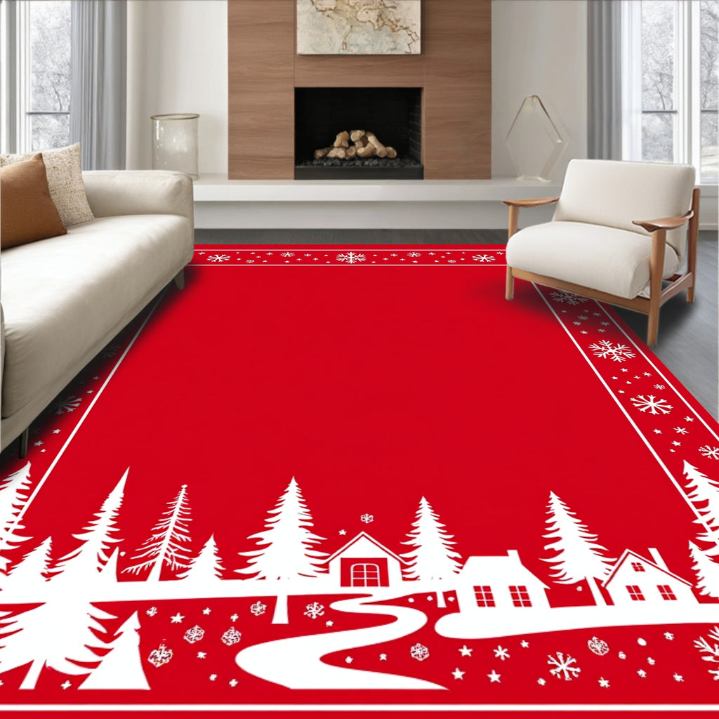 Red Snowy Village Snowflake Border Rug