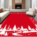Red Snowy Village Snowflake Border Rug