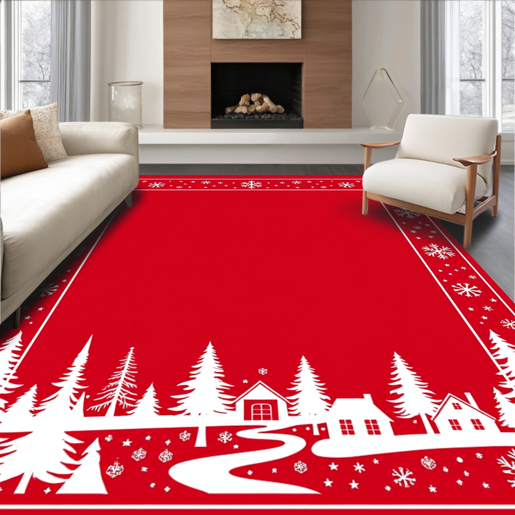 Red Snowy Village Snowflake Border Rug