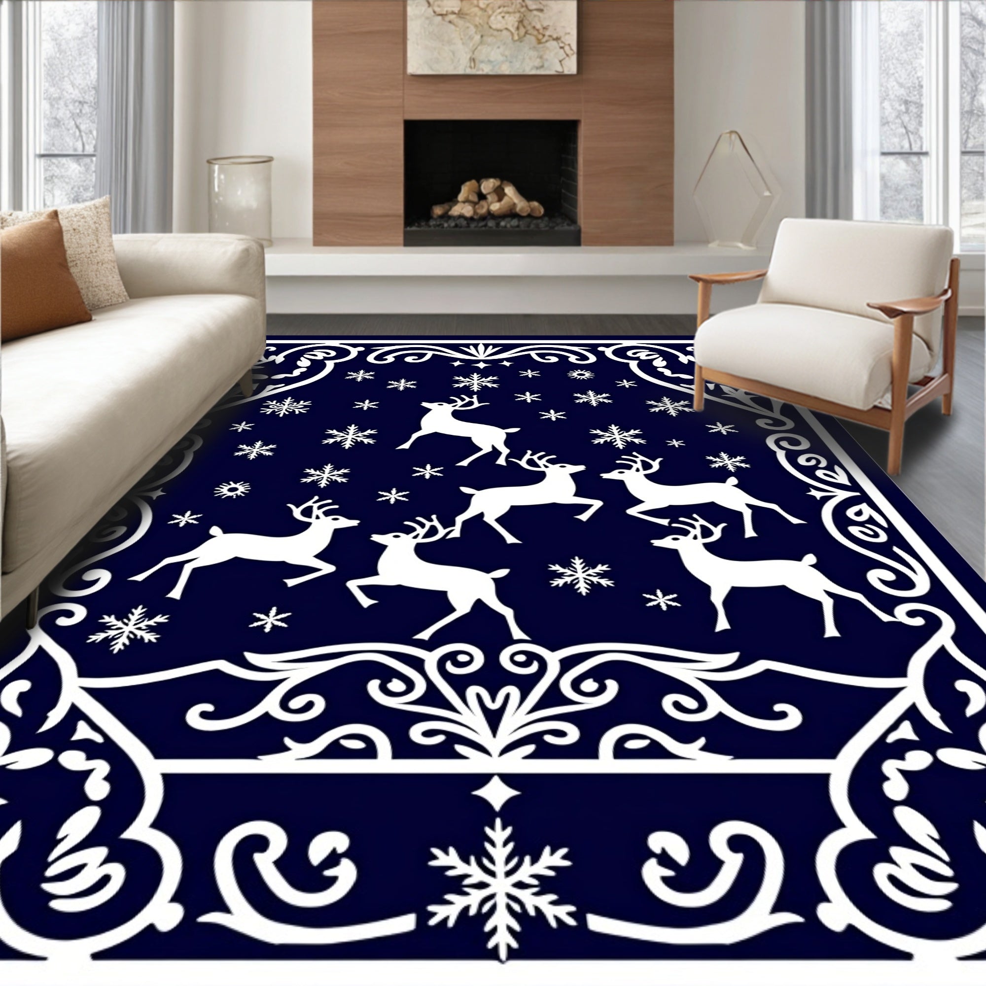 Midnight Blue Deer Snowflake Border Rug
