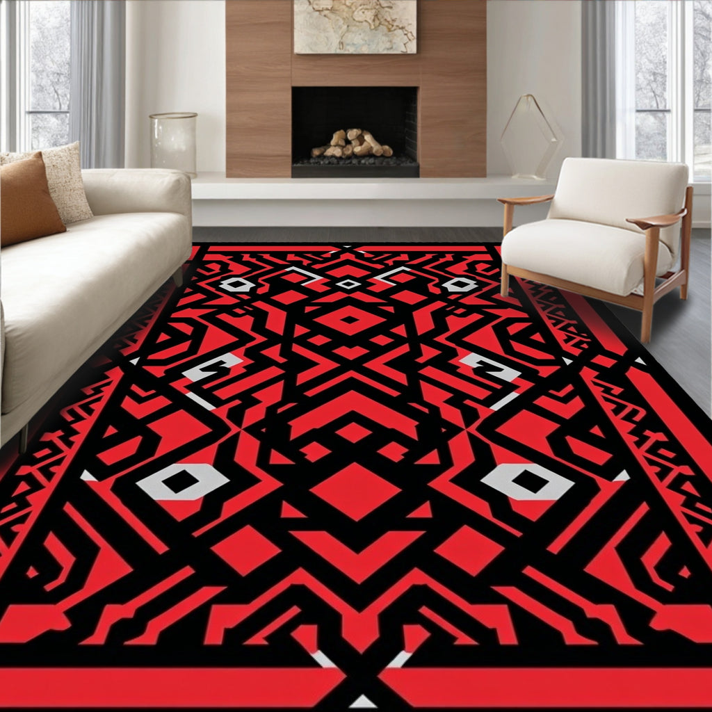 Bold Red Black Geometric Labyrinth Rug