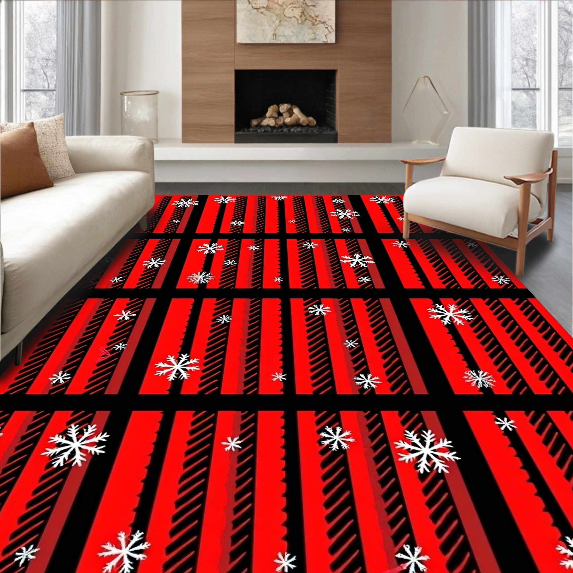 Red Black Snowflake Stripes Rug