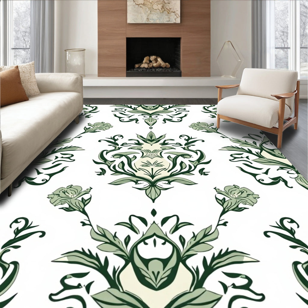 Sage Green Floral Damask Arrangement Rug
