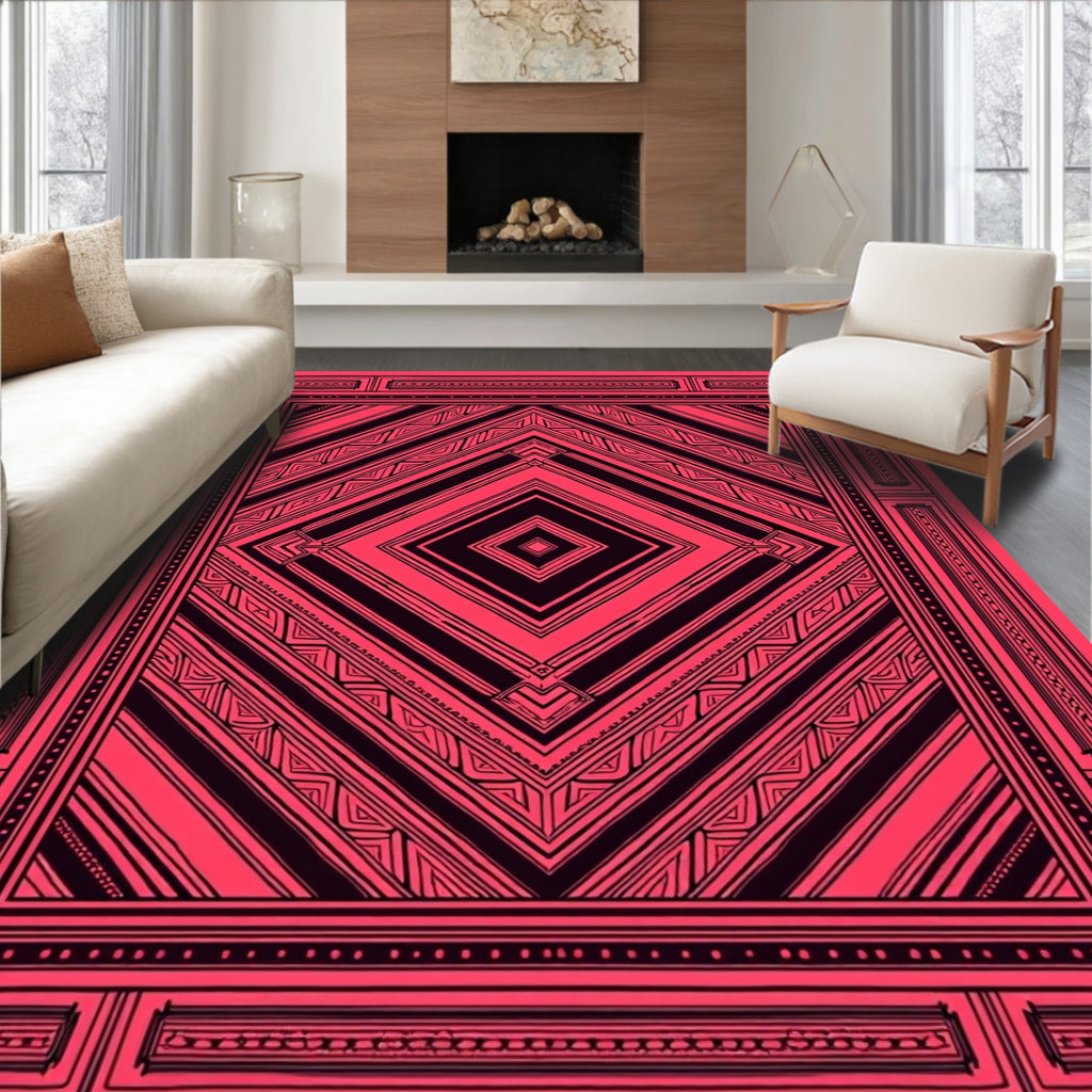 Vivid Crimson Geometric Diamond Medallion Rug