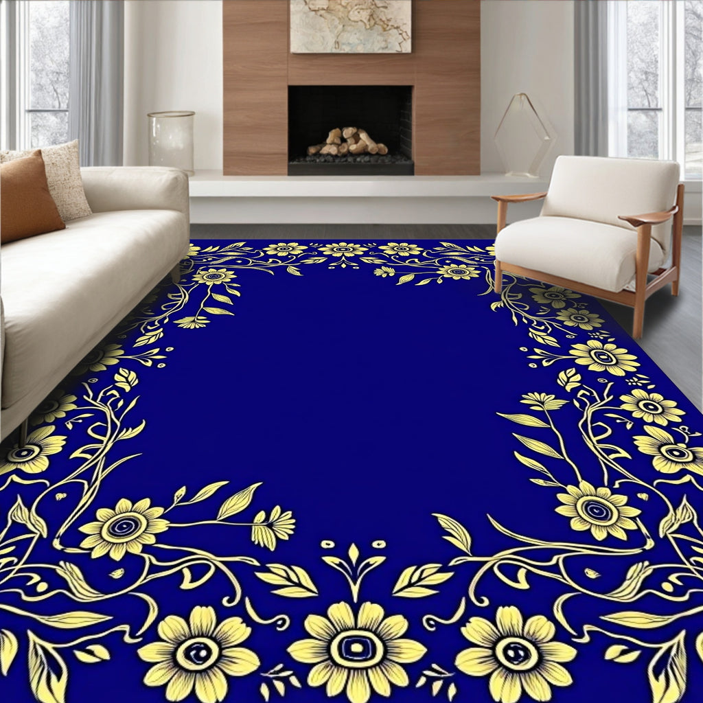 Golden Floral Border on Deep Blue Rug