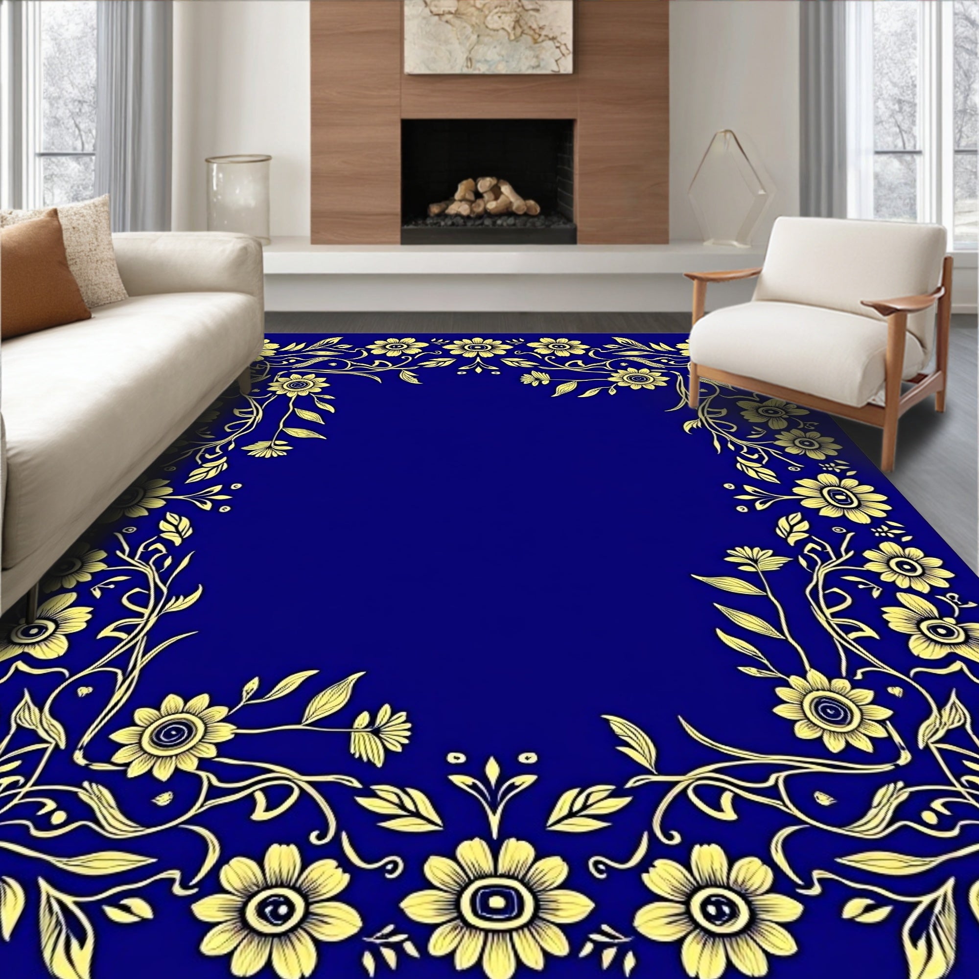 Golden Floral Border on Deep Blue Rug