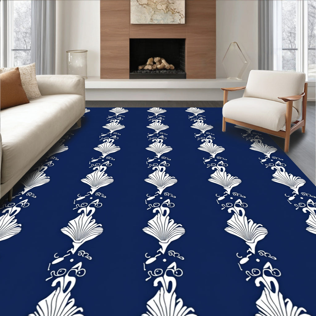 Classic Navy White Shell Flourish Stripe Rug