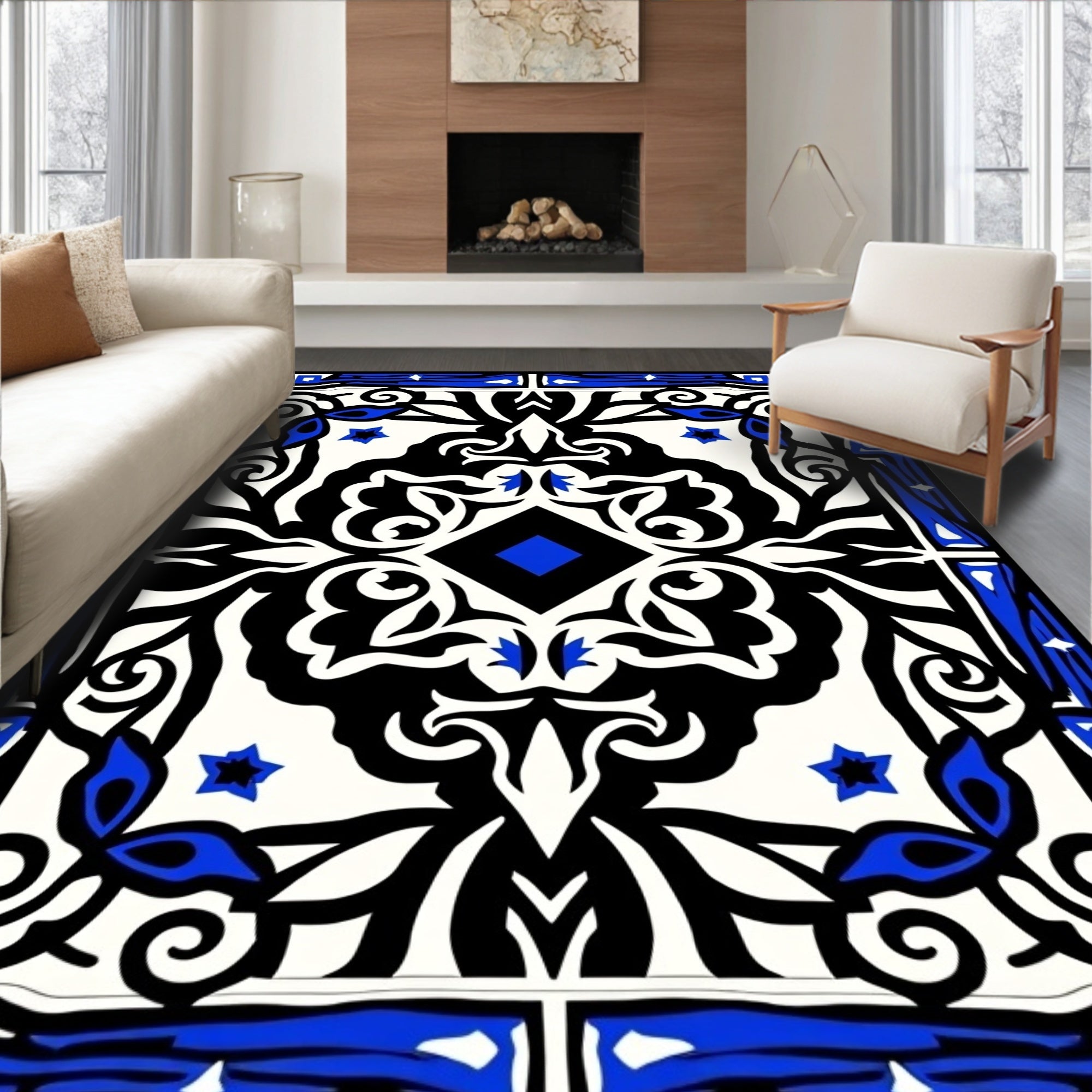 Bold Black Blue Intricate Medallion Rug