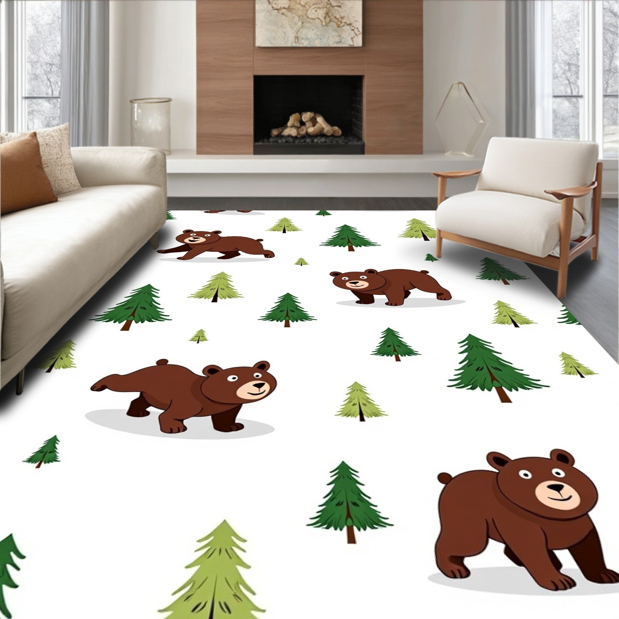 Cute Brown Bears Among Green Trees Rug