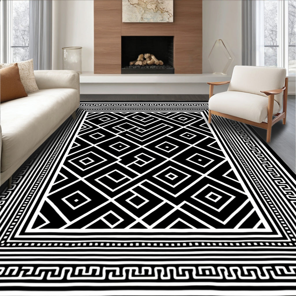 Modern Black White Geometric Maze Rug