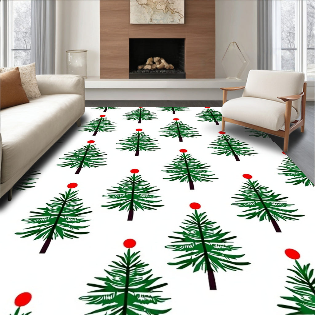 Green Christmas Trees Red Orb Rug