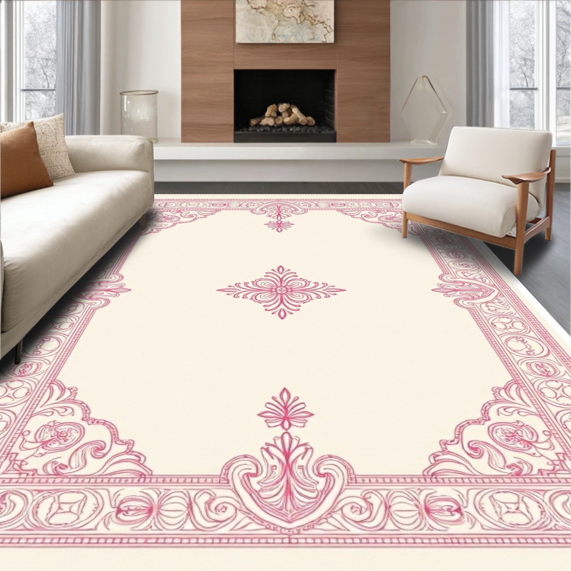 Cream Pink Ornate Scroll Medallion Rug
