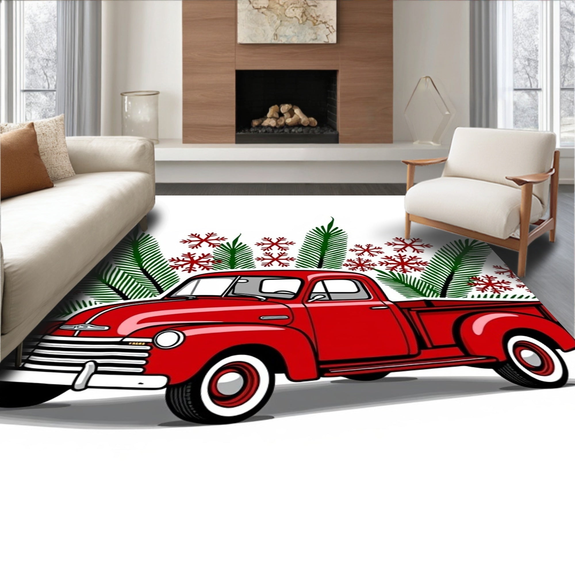 Vintage Red Truck Snowflakes Garland Rug
