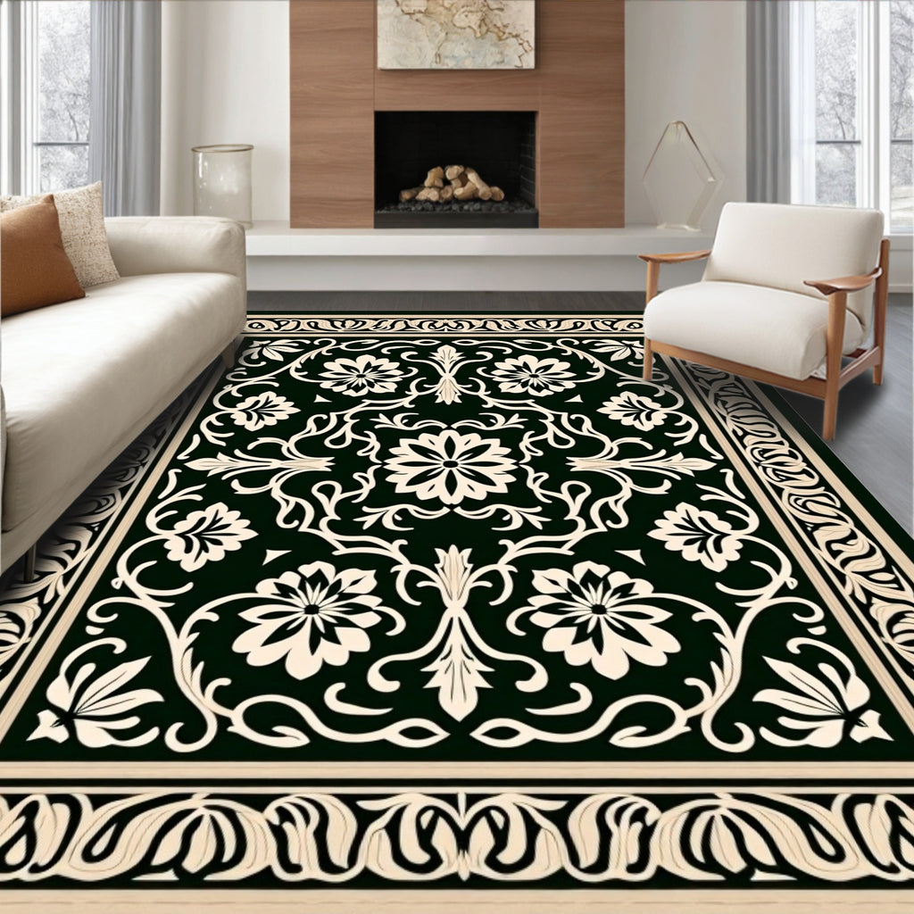 Black Ivory Floral Scroll Medallion Rug