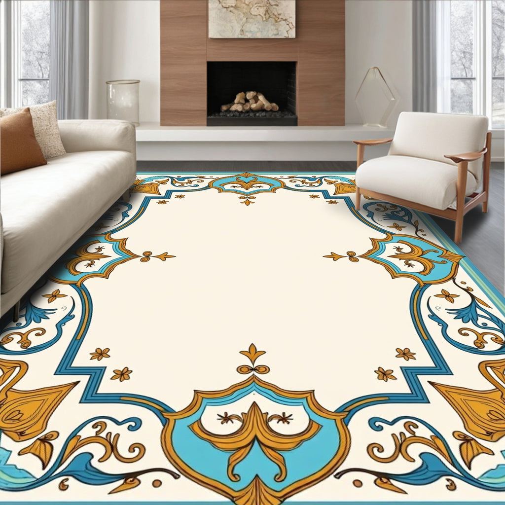 Turquoise Gold Floral Ornamental Border Rug