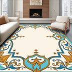 Turquoise Gold Floral Ornamental Border Rug