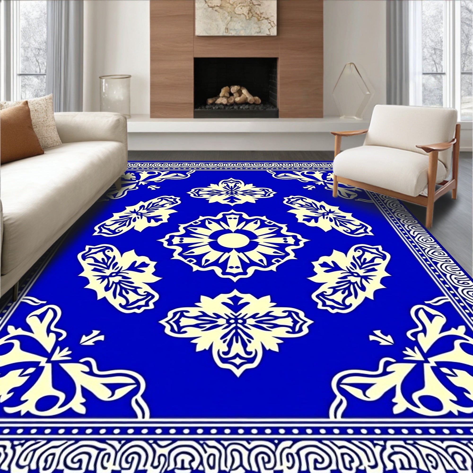 Royal Blue Cream Floral Medallion Ornament Rug