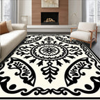 Classic Black Cream Floral Mandala Rug