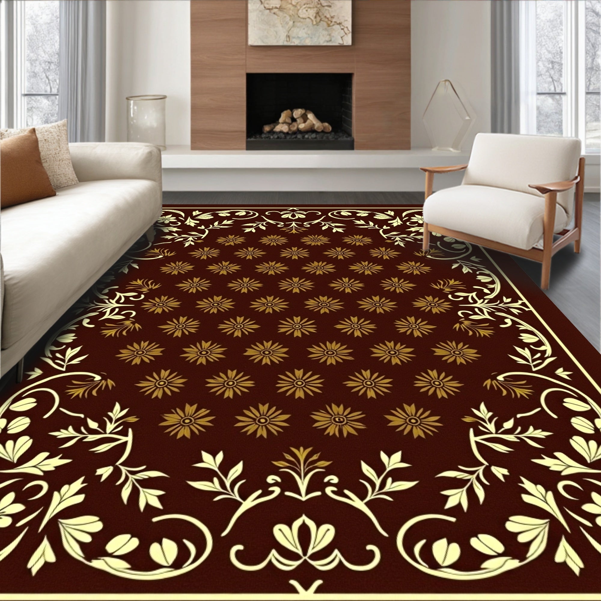 Rich Burgundy Floral Vine Rug
