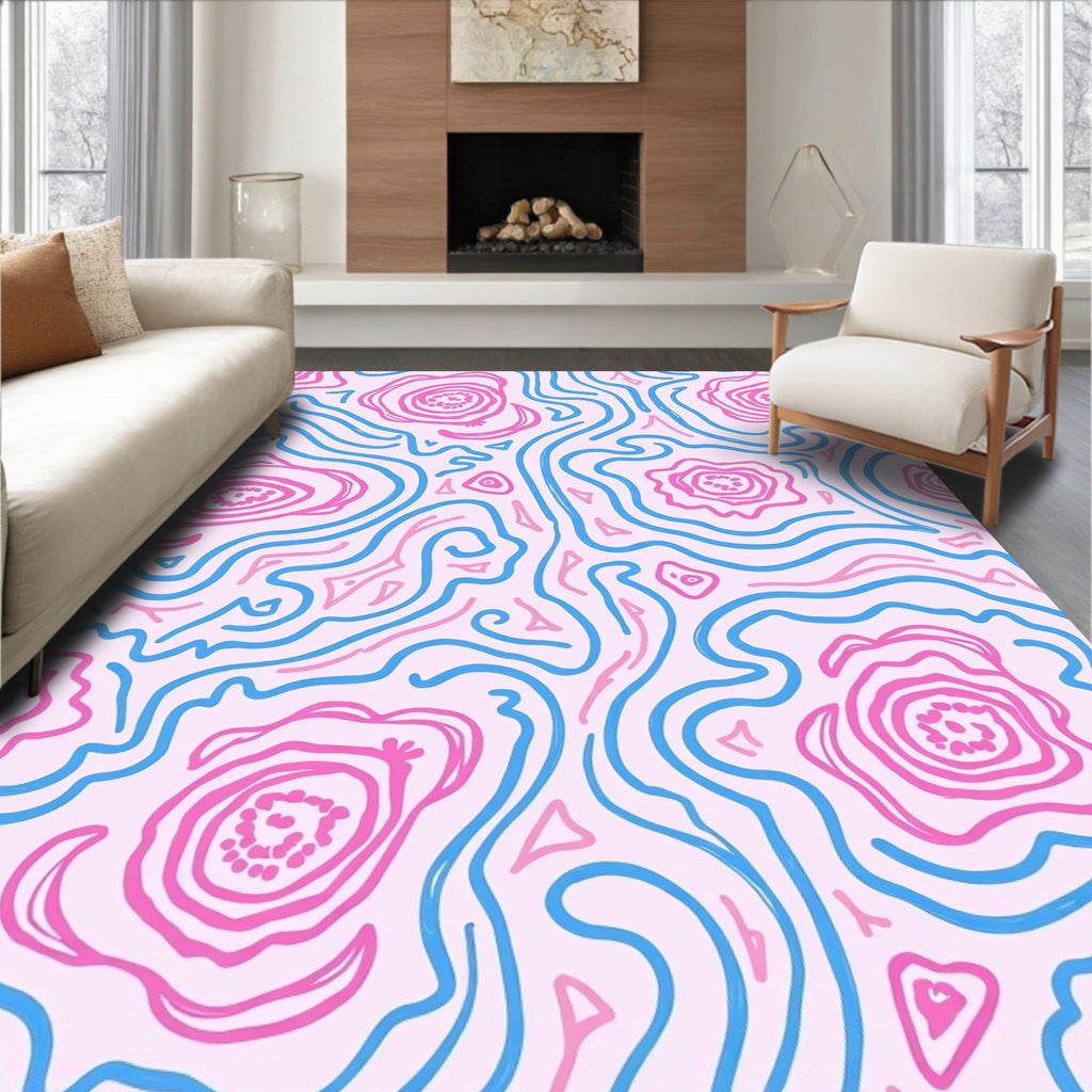 Pink Blue Wavy Floral Swirl Rug