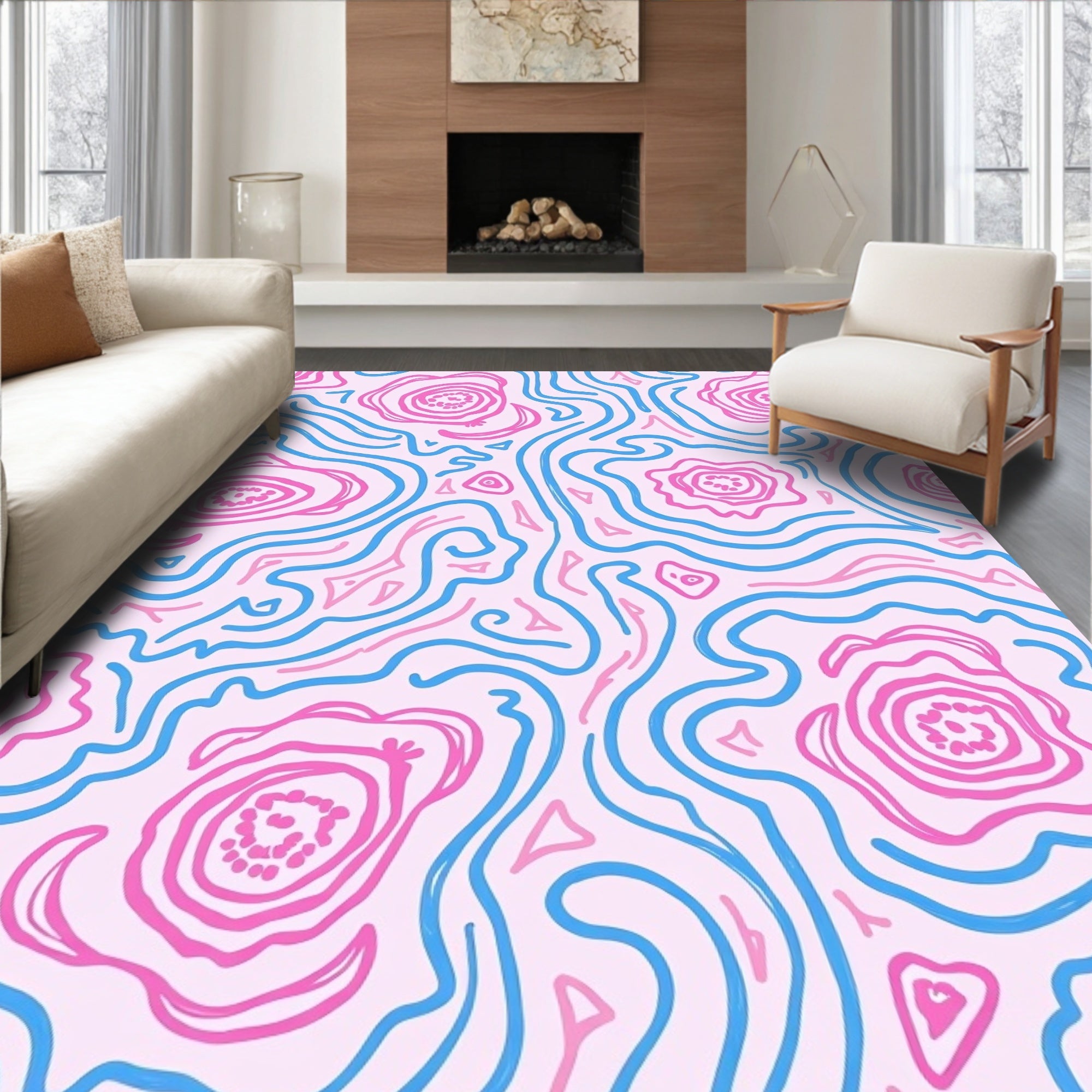 Pink Blue Wavy Floral Swirl Rug
