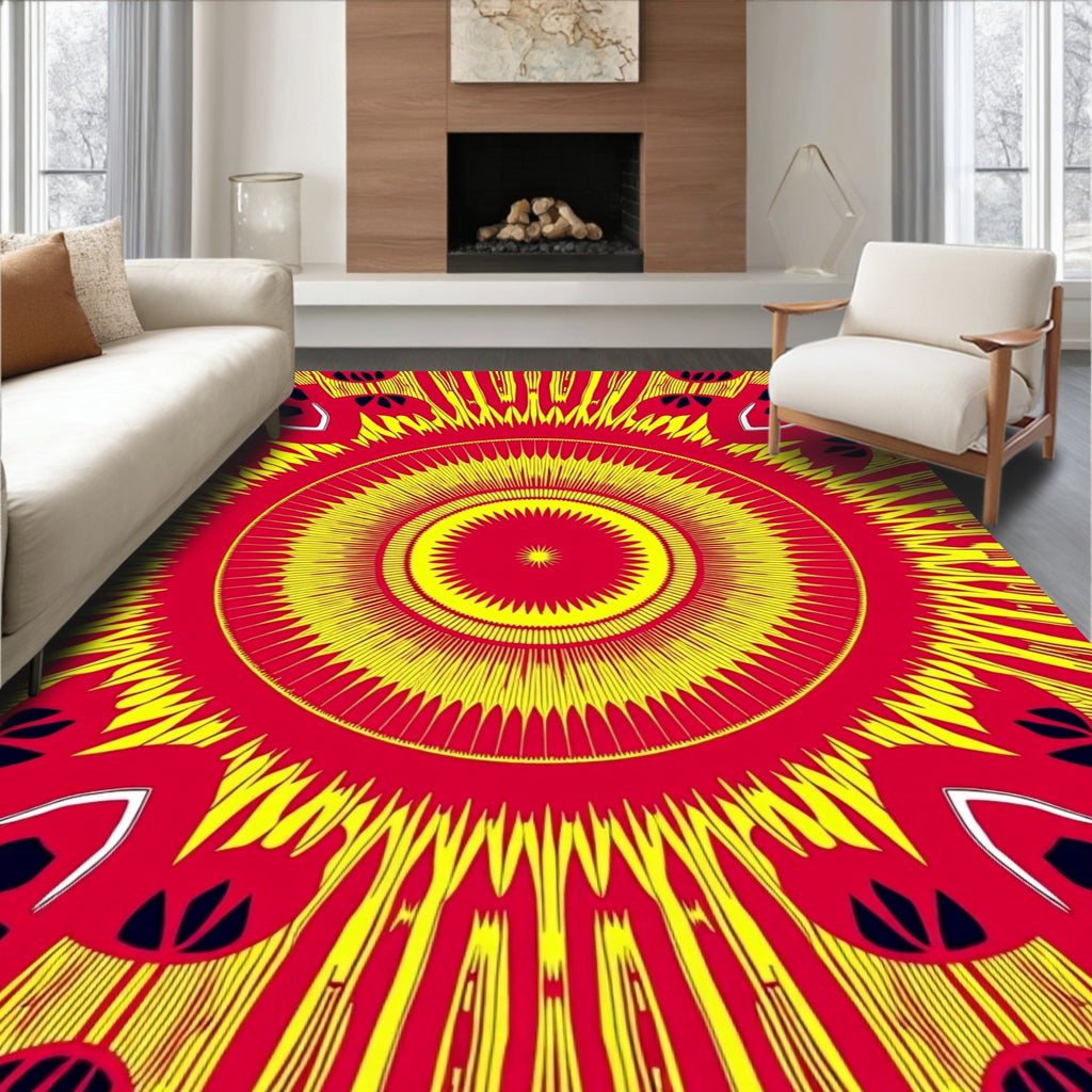 Vibrant Red Yellow Sunburst Mandala Rug