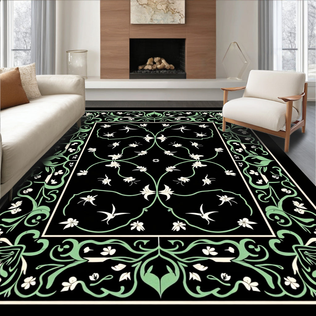 Art Nouveau Black Floral Scroll Rug