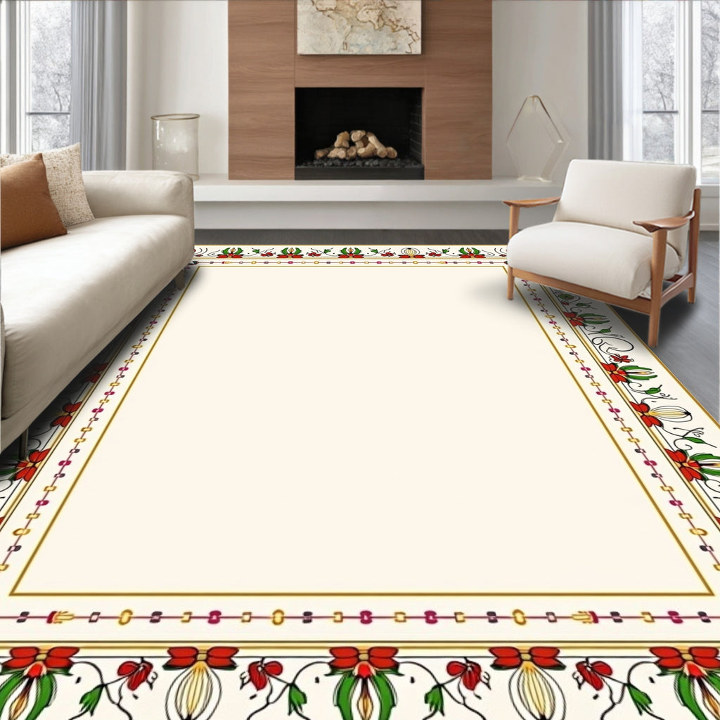 Ornate Red Green Floral Border Rug