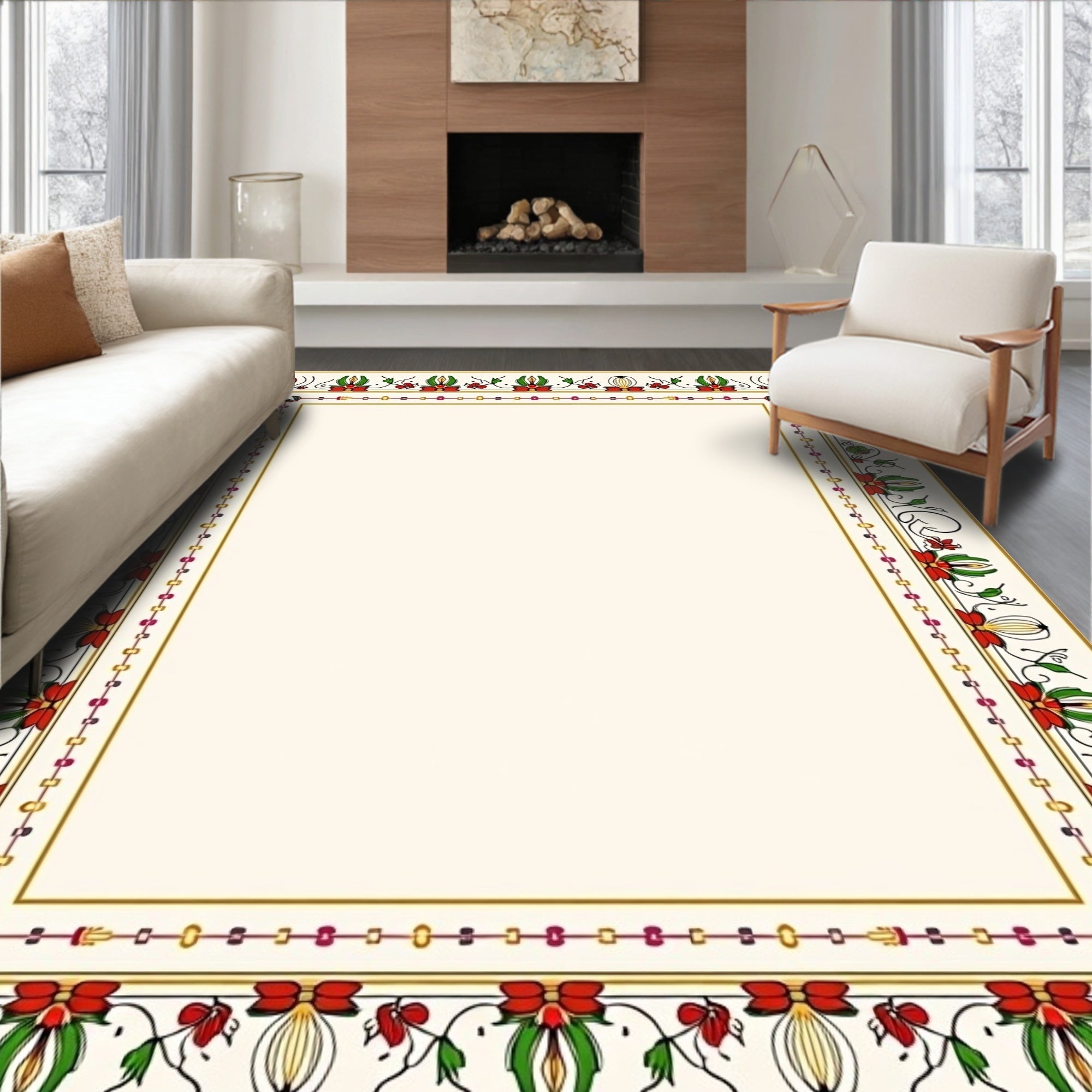 Ornate Red Green Floral Border Rug