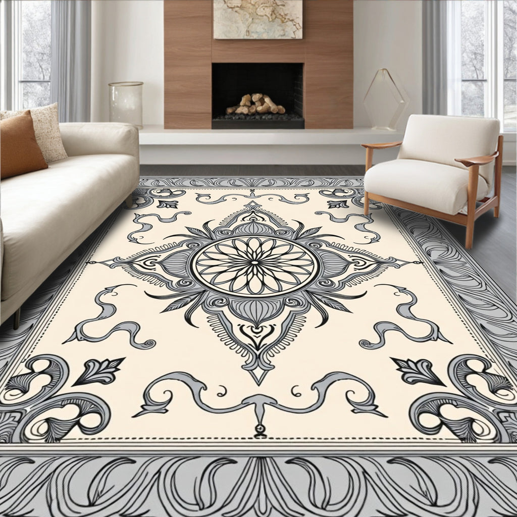 Cream Gray Ornate Floral Medallion Rug