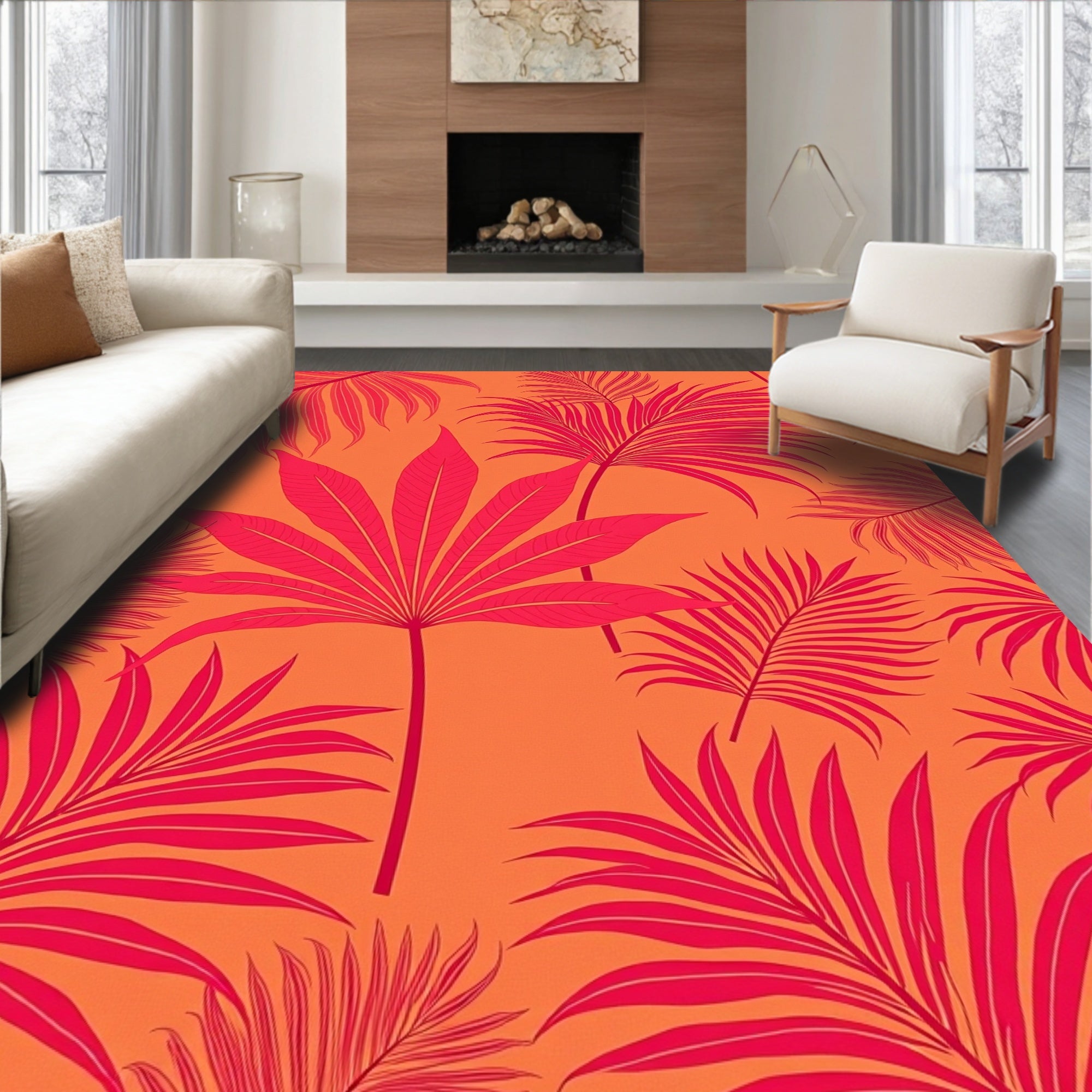 Vibrant Pink Tropical Foliage Arrangement Rug