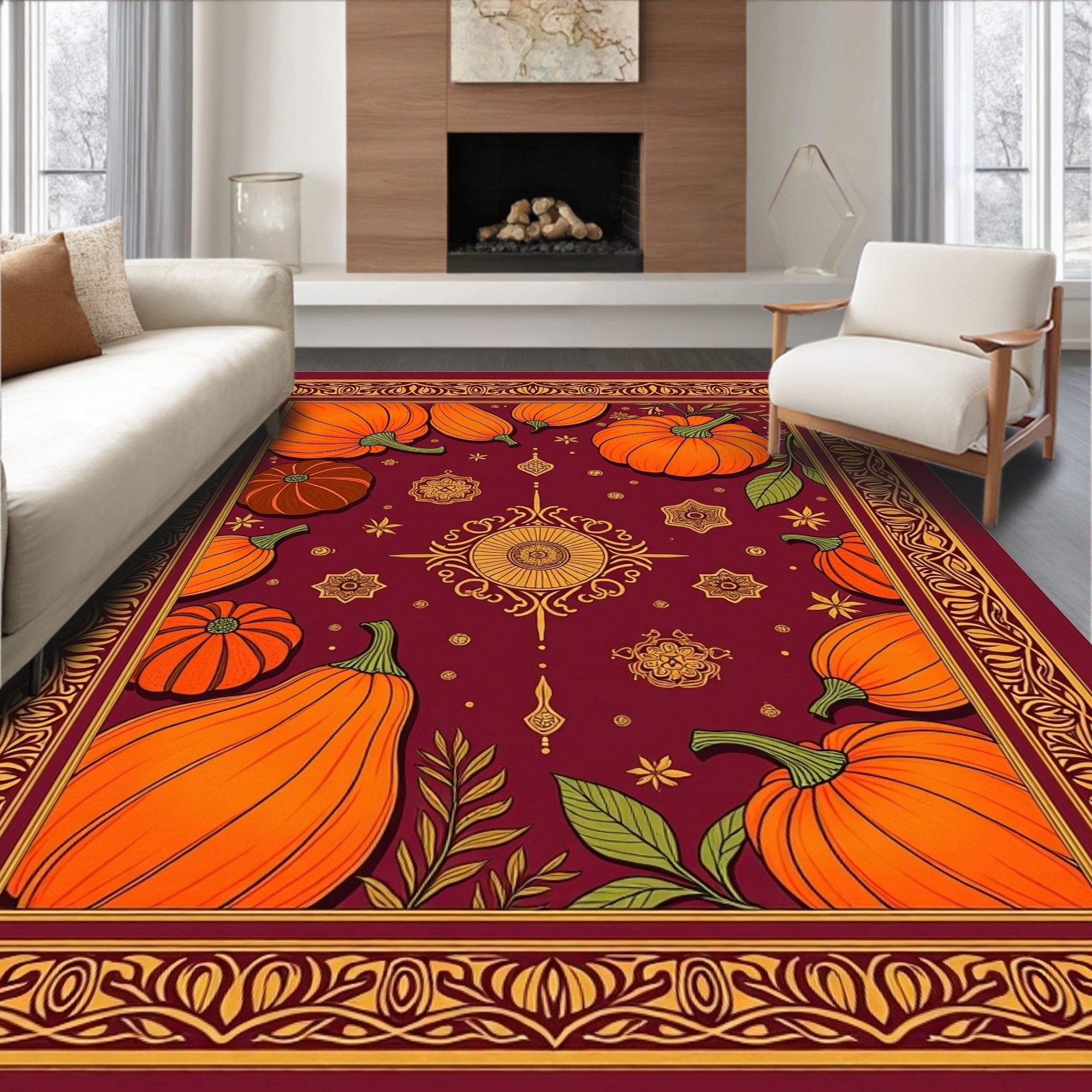 Harvest Pumpkins Scarlet Border Rug