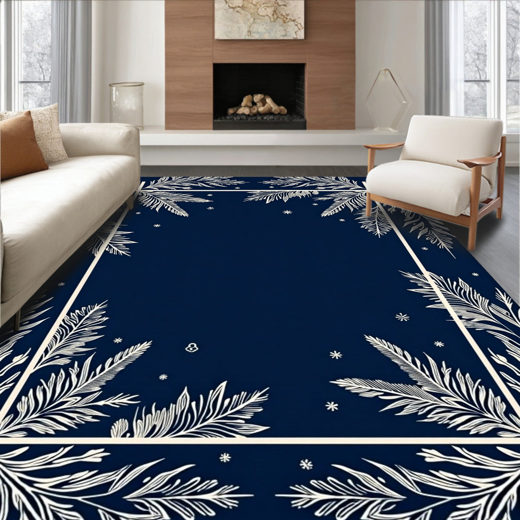 Navy White Botanical Frame Rug