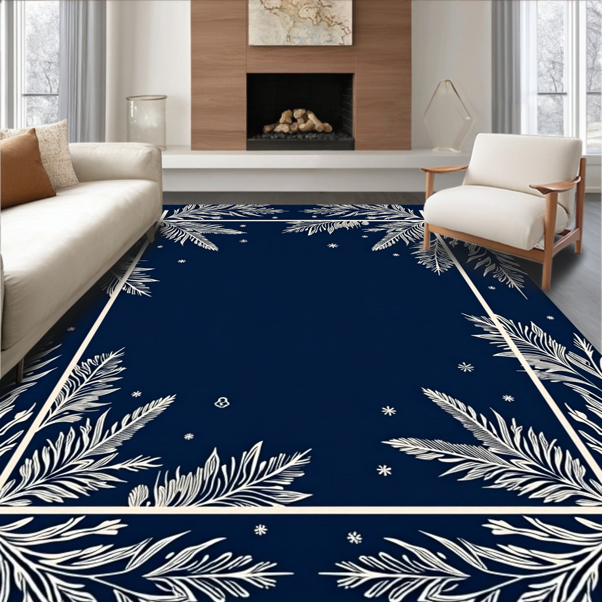 Navy White Botanical Frame Rug