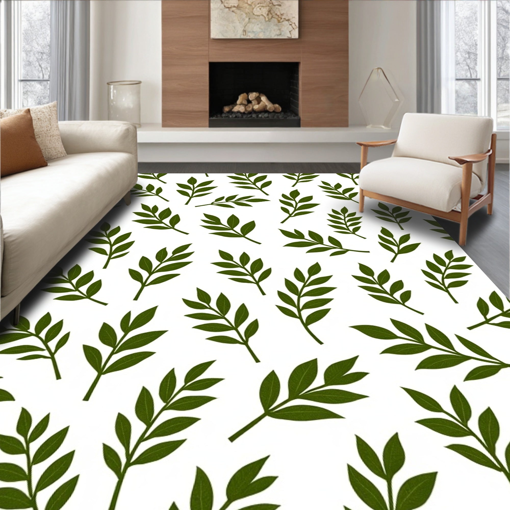 Dark Green Leafy Branch Pattern Rug
