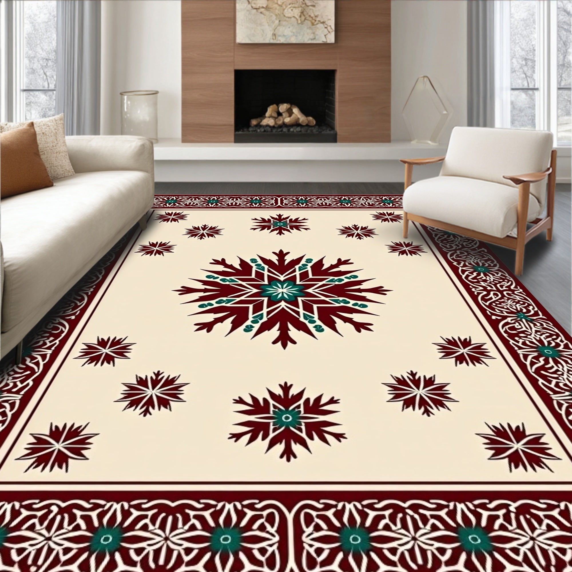Burgundy Teal Starburst Medallion Border Rug