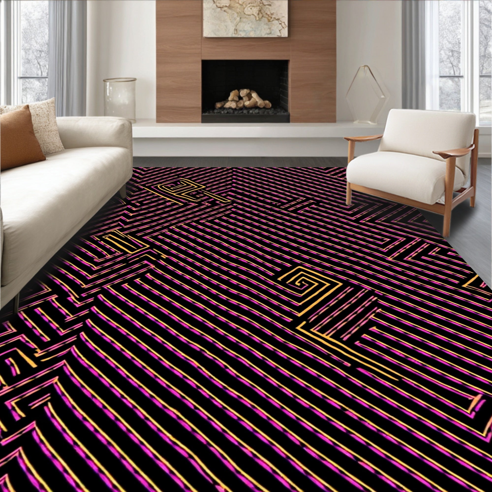 Retro Pink Yellow Geometric Maze Rug