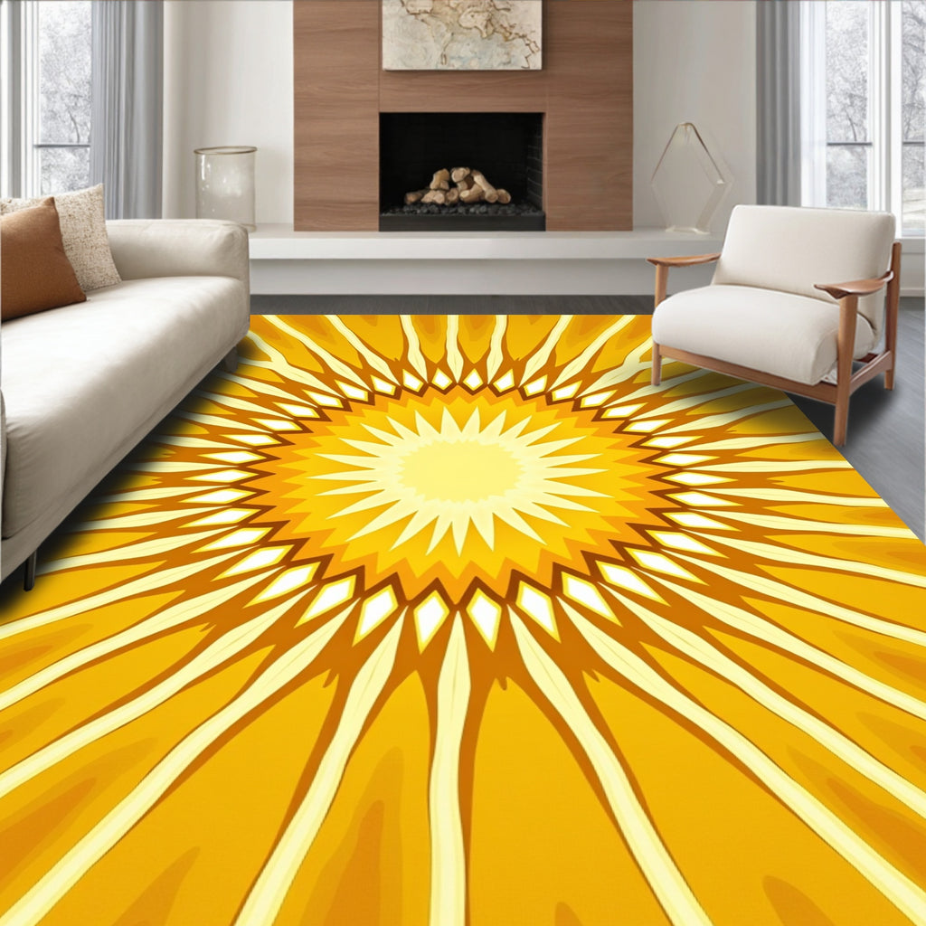 Radiant Sunburst Yellow Kaleidoscopic Rays Rug