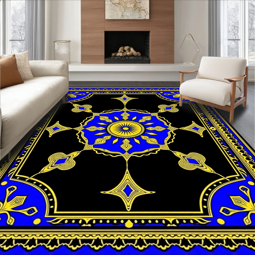 Royal Blue Yellow Sunburst Medallion Rug