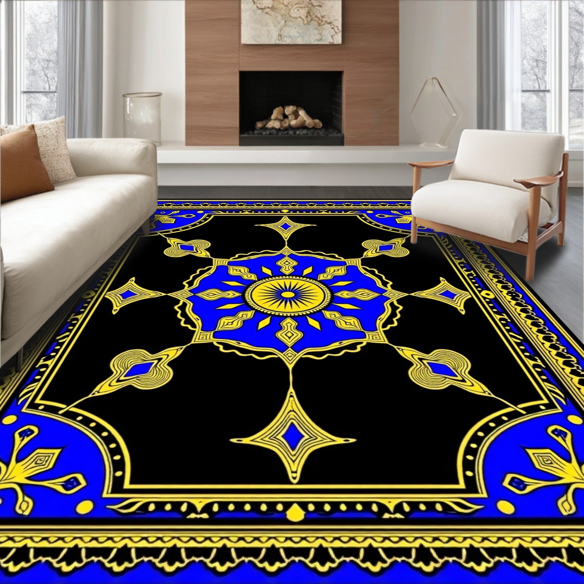 Royal Blue Yellow Sunburst Medallion Rug