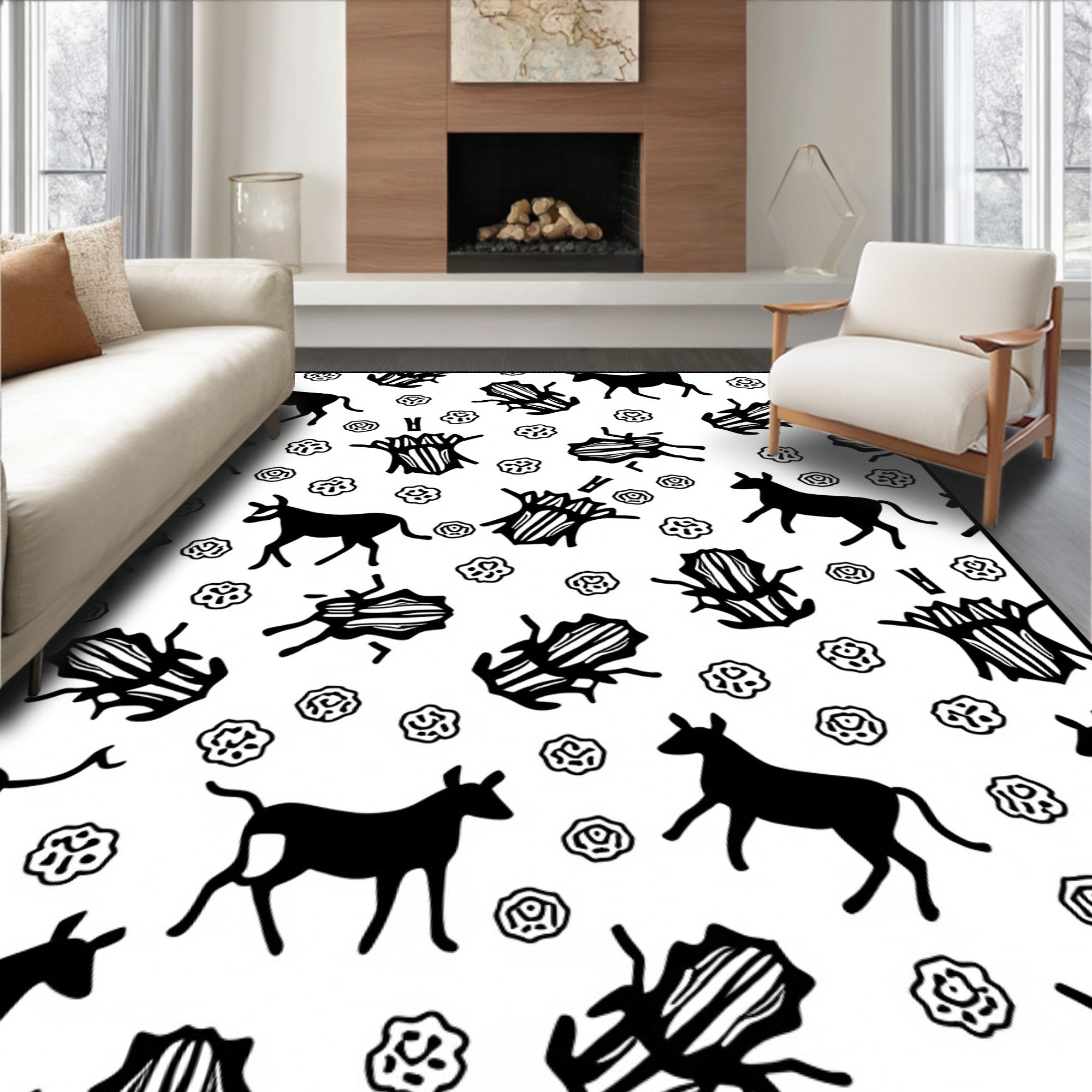 Black White Fauna Insect Illustration Rug