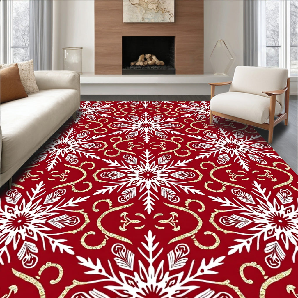 Crimson Snowflake Swirls With Gold Accents Rug