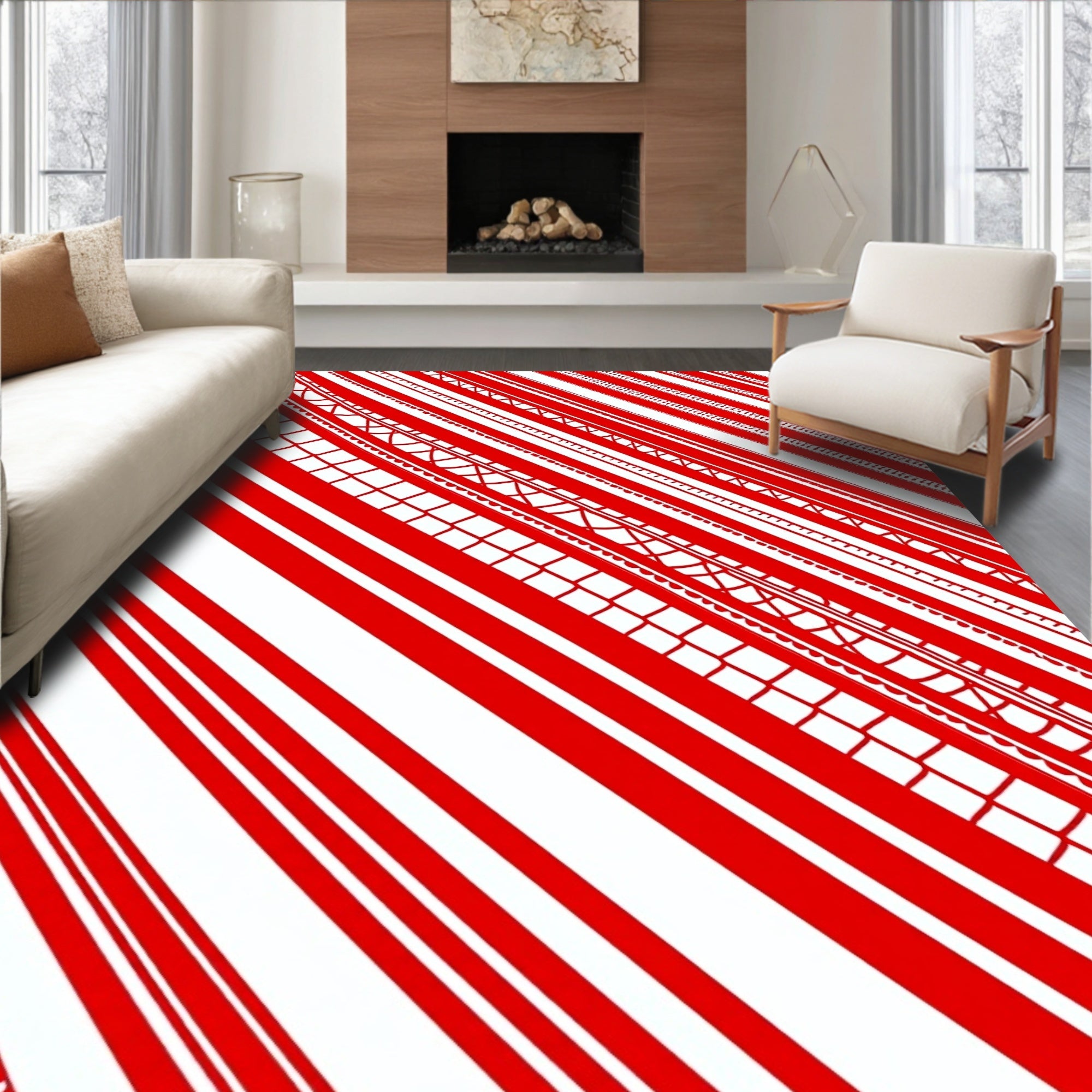 Crimson White Striped Geometric Bands Rug