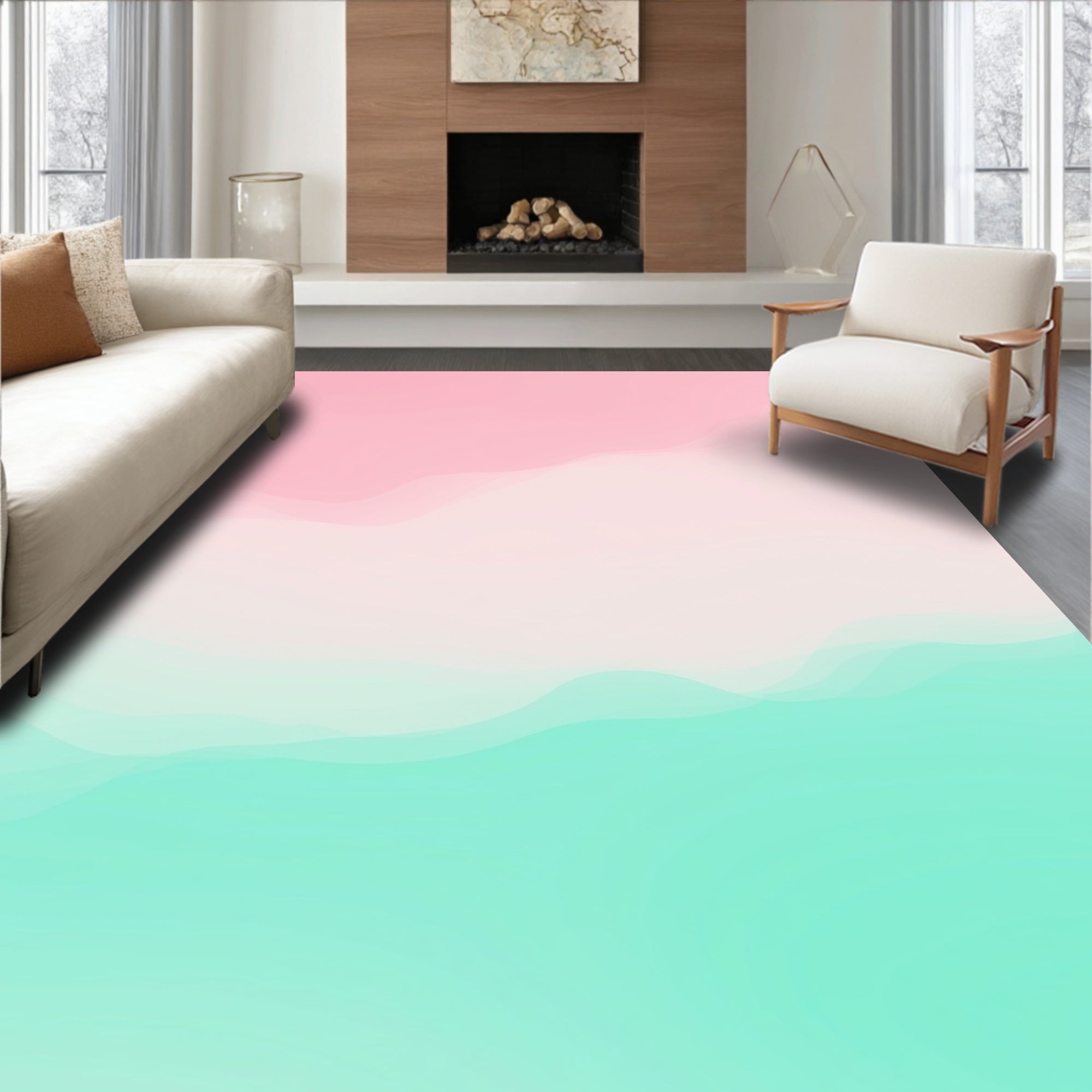 Soft Pink and Teal Wave Rug
