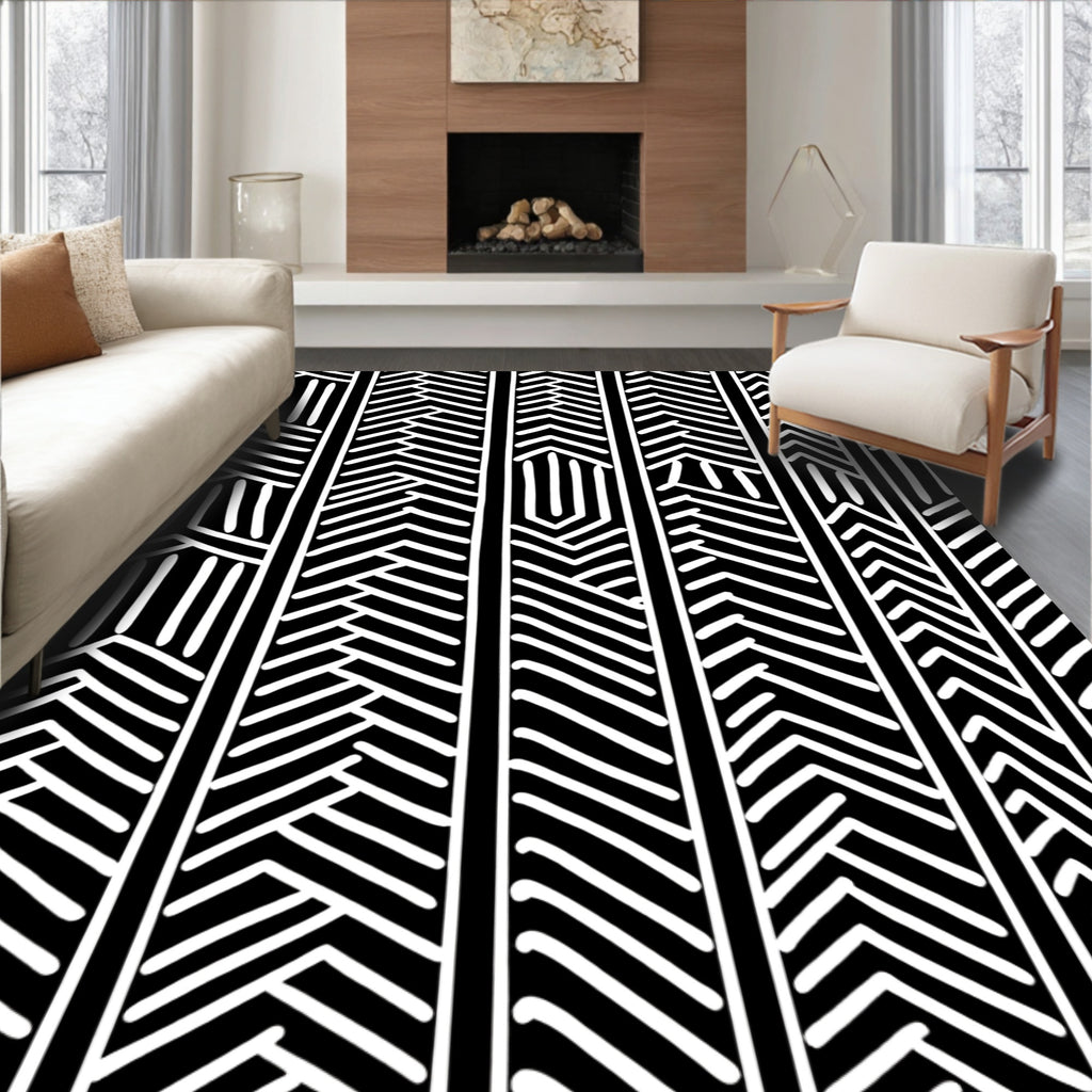 Black White Geometric Stripe Weave Rug